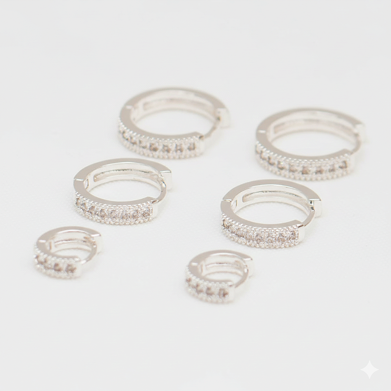 Brinco Kit Trio de Argolas Cravejadas Zirconias Prata 925 Estilo Princesa