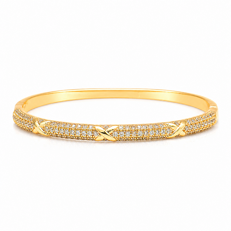 Bracelete Feminino Cravejado Detalhes Em X Banhado a Ouro