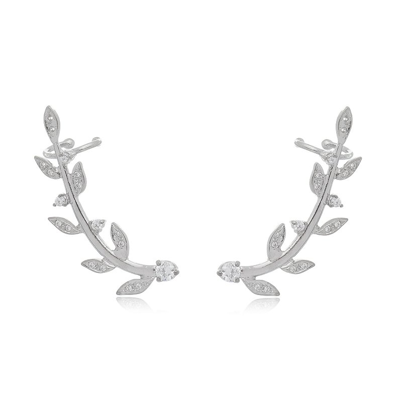 Ear Cuff Brinco Folha Cravejada Banhado Em Ródio Branco