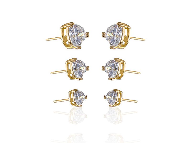 Conjunto trio de brincos ponto de luz coração folheado a ouro
