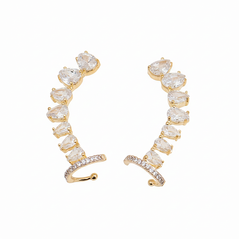 Earcuff Brinco Com Gotas brancas Zirconia Folheado Em Ouro