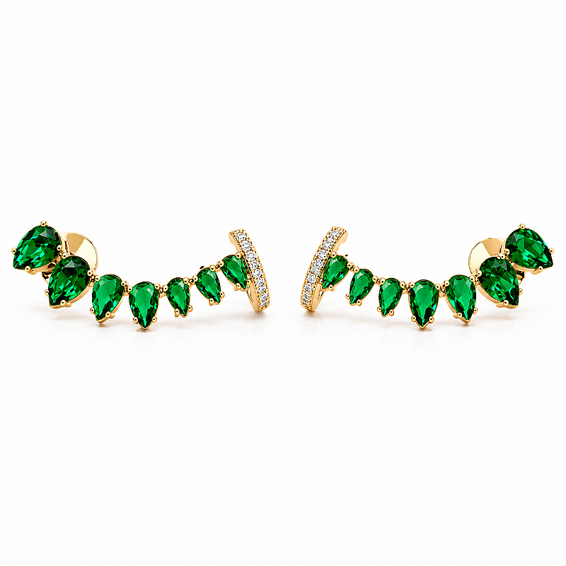 Brinco Ear Cuff Esmeralda Feminino Banhado a Ouro Pressão