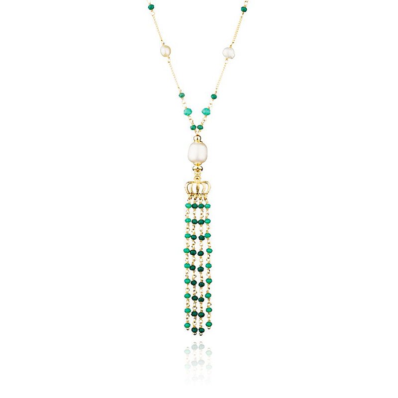 Colar Feminino Longo Pérolas e Pedras Verde Esmerada Banho Ouro