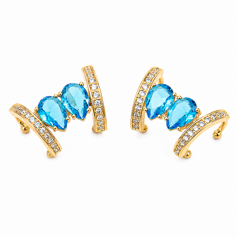 Brinco Piercing Fake Orelha Azul Safira Folheado Ouro Par