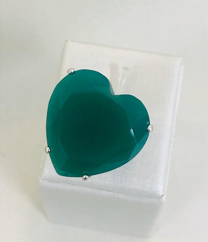 Anel de Coração Pedra Verde Esmeralda Folheado Ródio Branco