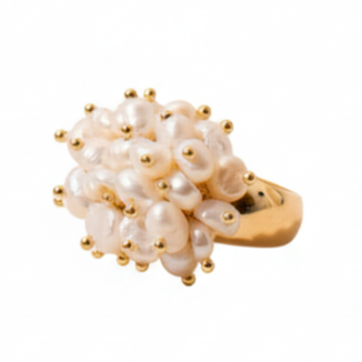 Anel de Perola Natural Cacho de Pérolas Banhado a Ouro 18K