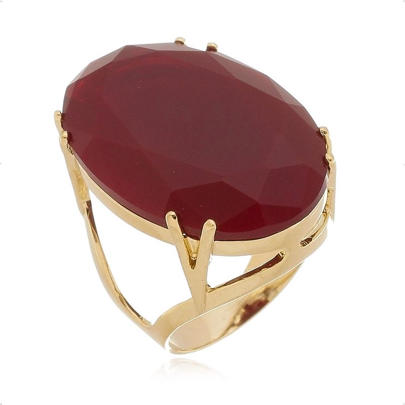 Anel Pedra Oval Vermelho Maxi Grande Folheado a Ouro