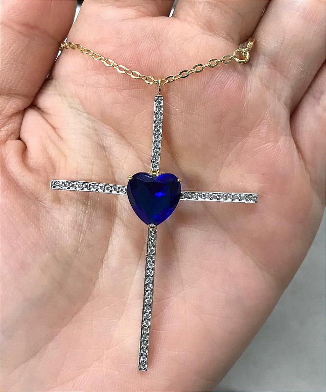 Colar Crucifixo e Coração Azul Corrente Tiffany Banhado Ouro