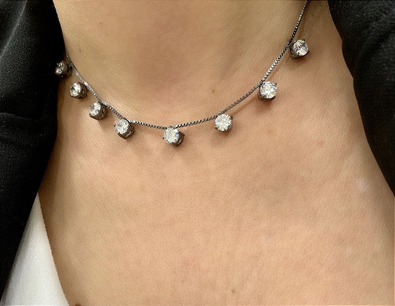 Choker Com Pedras Redondas, Banhado Em Ródio Negro