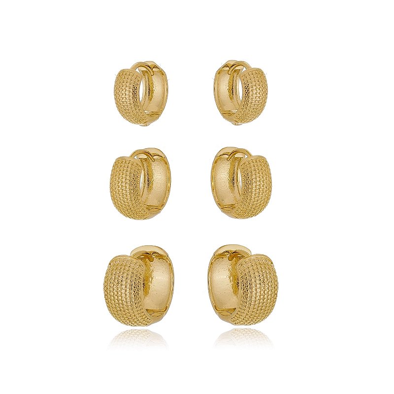 Trio Brinco De Argolas Pontilhadas Banhada A Ouro 18k Kit 3