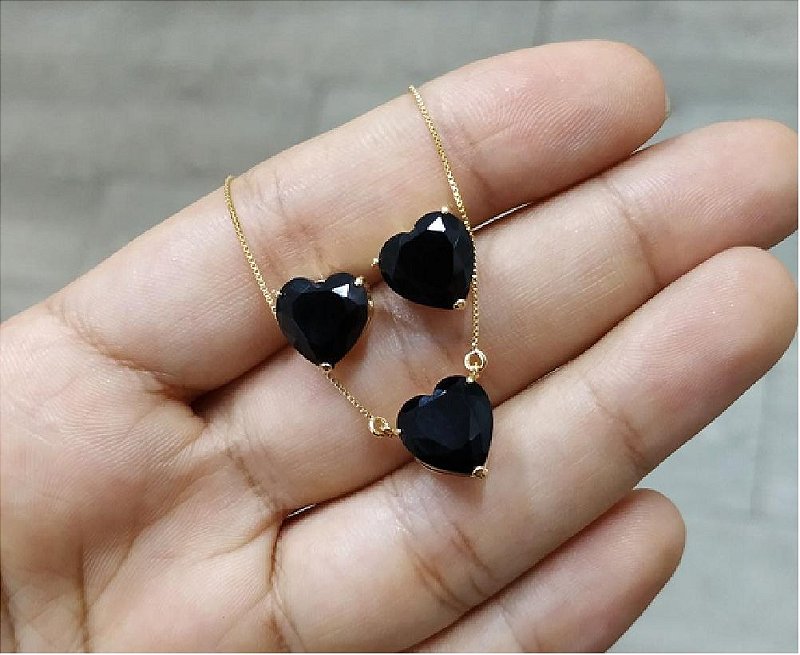 Conjunto Colar Brinco Coração Zirconia Preto Banhado A Ouro