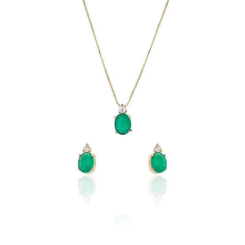 Conjunto Colar e Brinco Zirconia Oval Verde Banhado a Ouro