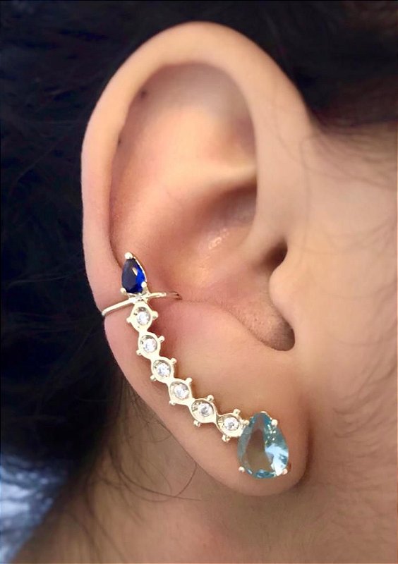 Brinco Ear Cuff Zirconias Azul em Gota Folheado Em Ouro Par