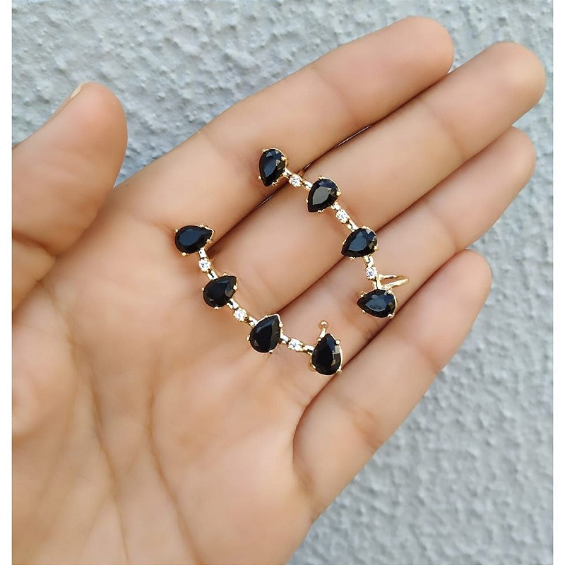 Brinco Ear Cuff Zirconias Gotas Negras Folheado a Ouro Par