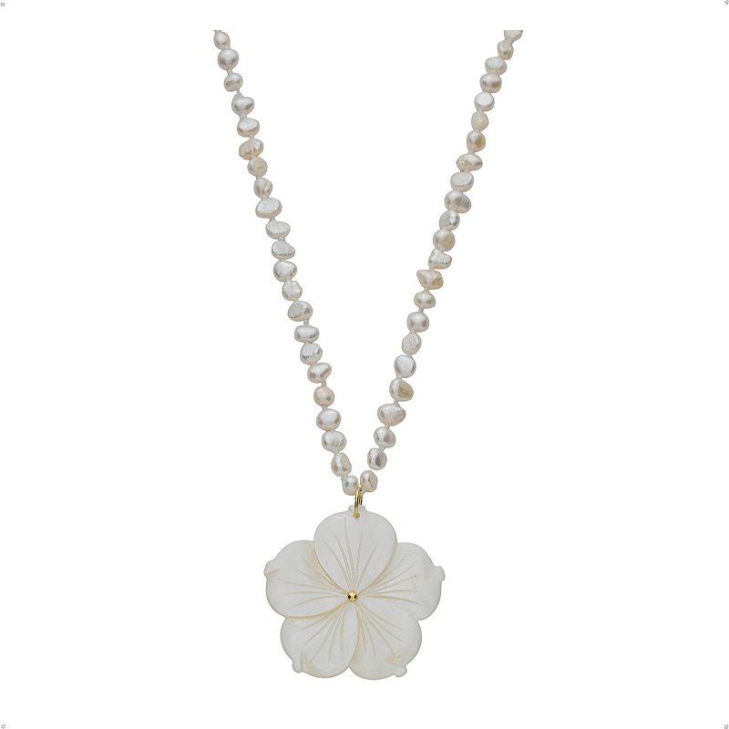 Colar de Pérola com Pingente de Flor Madre Pérola Banho Ouro