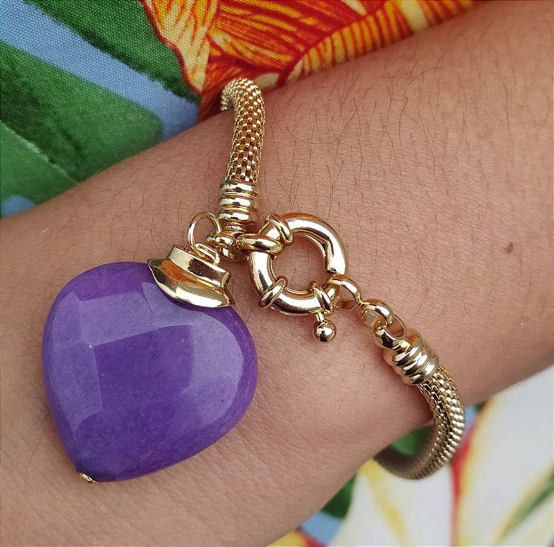 Pulseira Pingente de Coração Pedra Roxo Banhado Ouro 18K