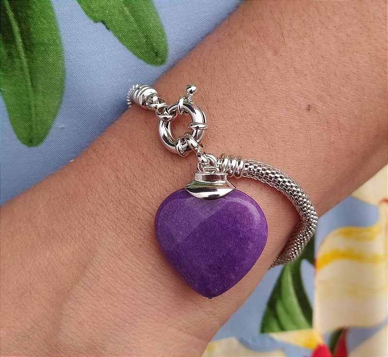 Pulseira Pingente de Coração Pedra Roxo Banhado Ródio Branco