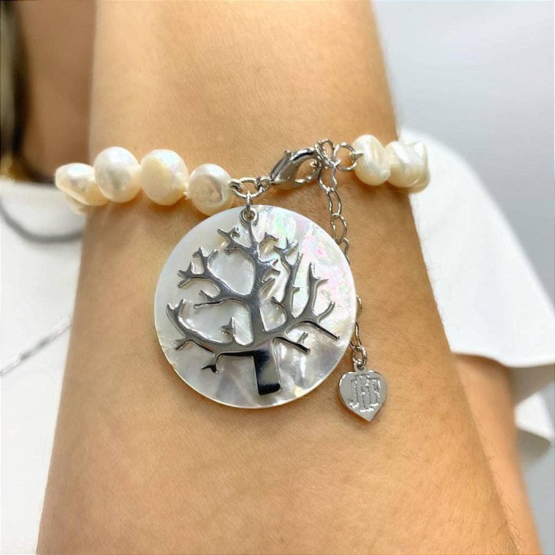 Pulseira Arvore Da Vida Madre Perola Banhada Rodio Branco