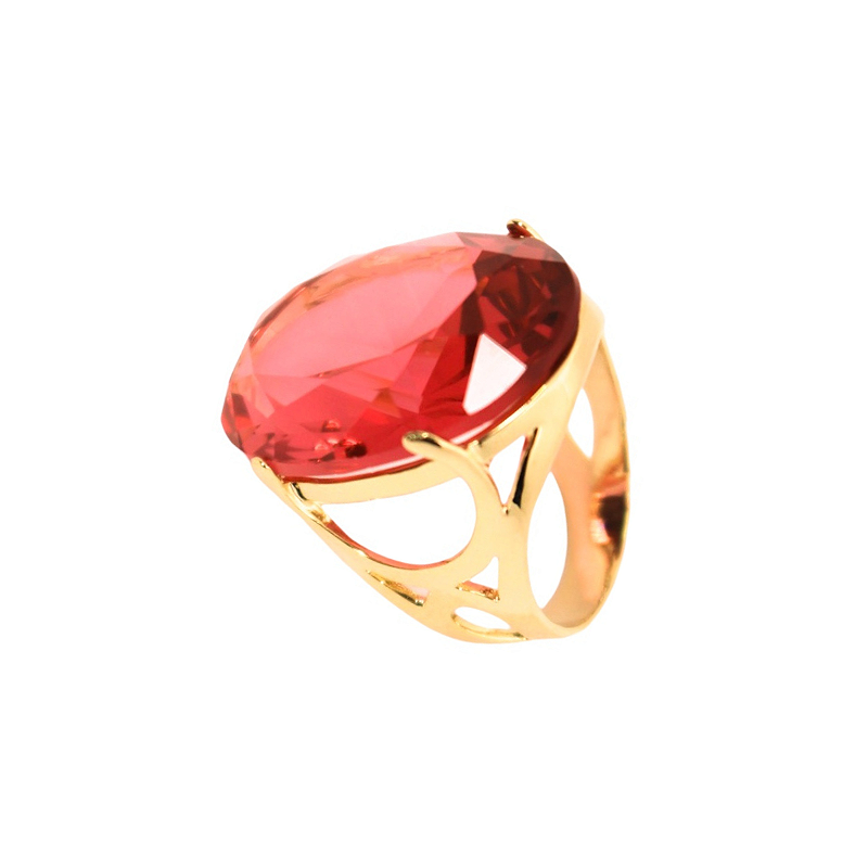 Anel Pedra Oval Grande Cristal Vermelho Rubi Banhado a Ouro