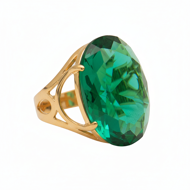 Anel Pedra Oval Grande Verde Esmeralda Banhado a Ouro