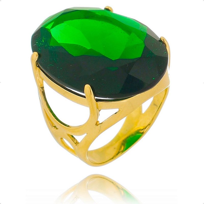 Anel Pedra Oval Grande Verde Esmeralda Banhado a Ouro