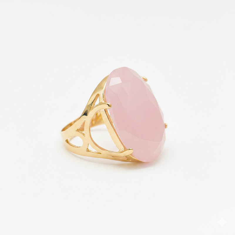 Anel Pedra Oval Grande Cristal Rosa Banhado a Ouro