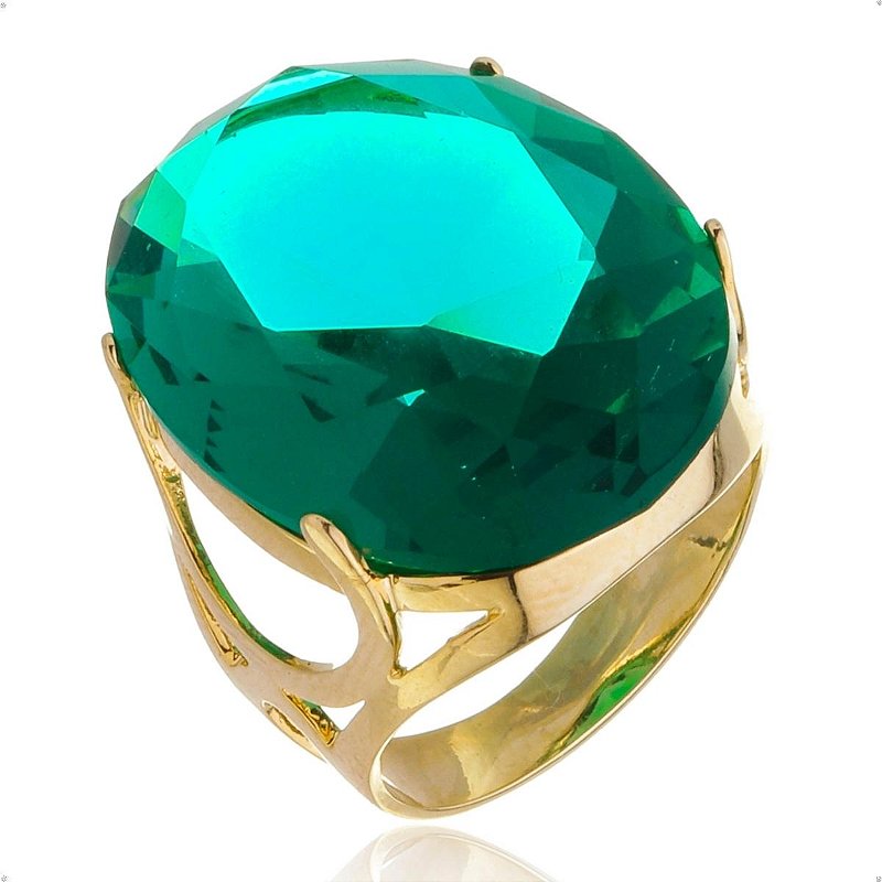 Anel Pedra Oval Grande Verde Turmalina Banhado a Ouro 18k