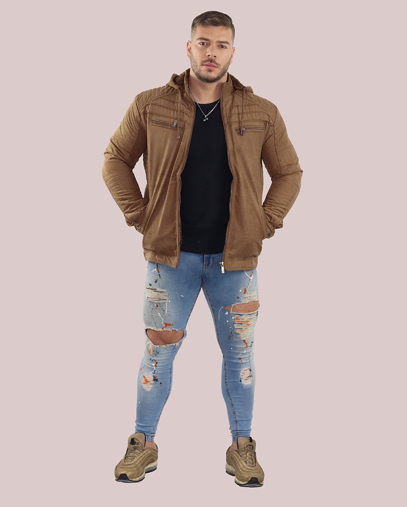 jaqueta de couro masculina com touca