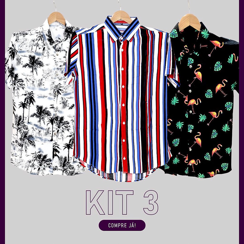 Kit 3 Camisas Floral e Lisa masculina viscose - CORES VARIADAS - DAZE MODAS
