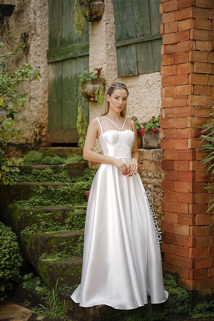 Vestido de noiva de tafetá ou zibeline branco de alças nas costas | Closet  da May - closetdamay loja de vestidos