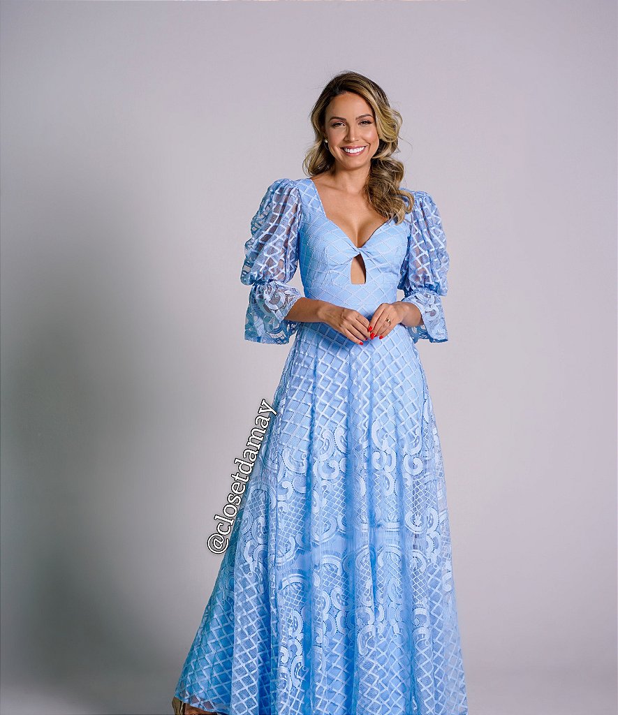 vestido longo com manga de renda