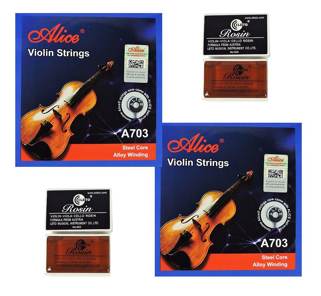 Encordoamento Alice A703 p/ Violino 4/4 (02) + Breu Rosin 603 (02