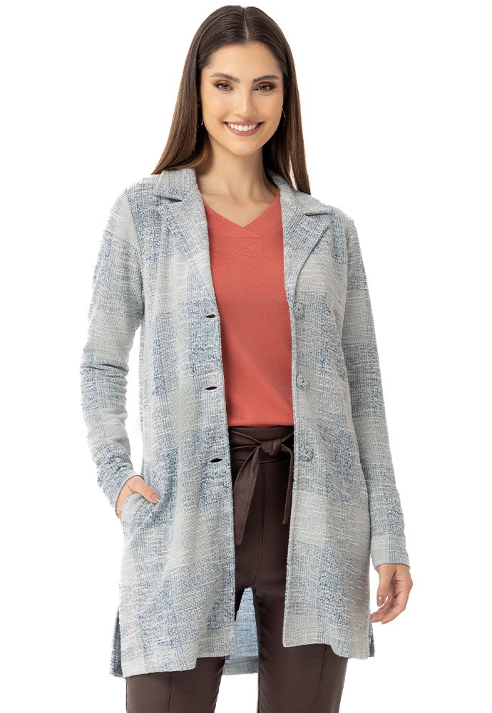 Cardigan Topázio Xadrez Gola Esporte - Cor do Céu: Moda Mulher