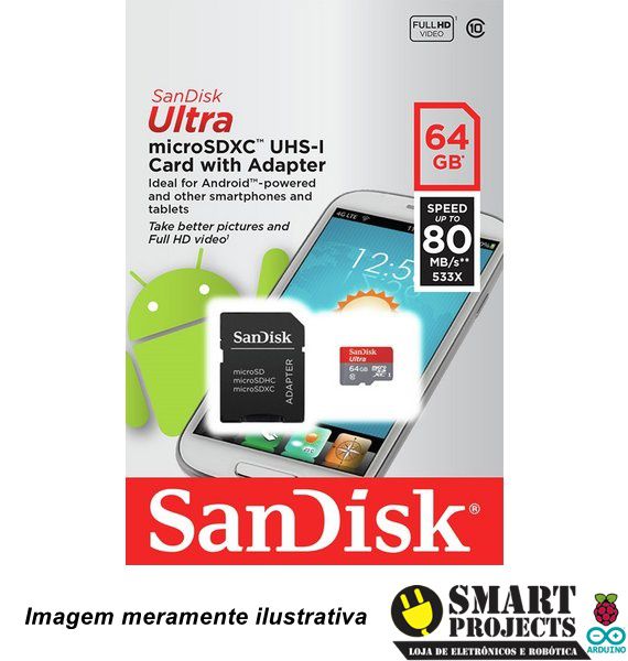 Cartão Micro SD 64GB Classe 10 Sandisk Ultra rápido - Arduino e