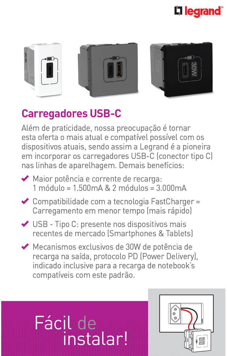 Modulo Tomada Carregador Usb Tipo C 1,5a Cinza Pial Plus+