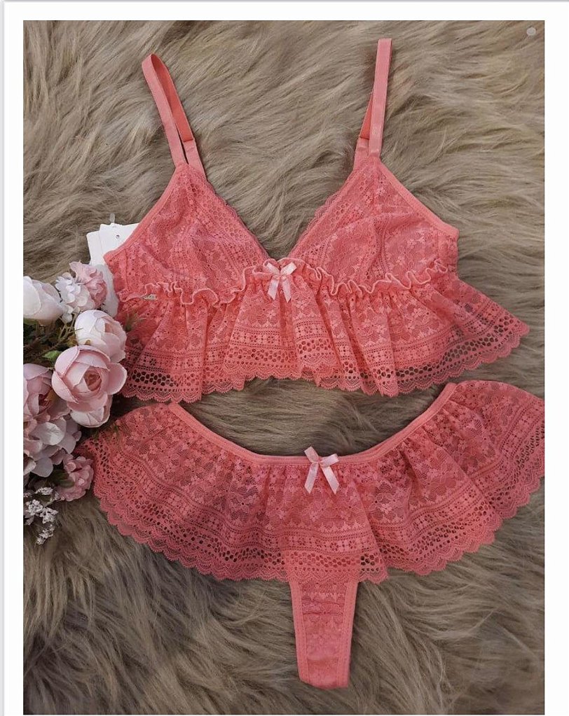 Conjunto rendado, Cropped com babado - Lingerie For Princess