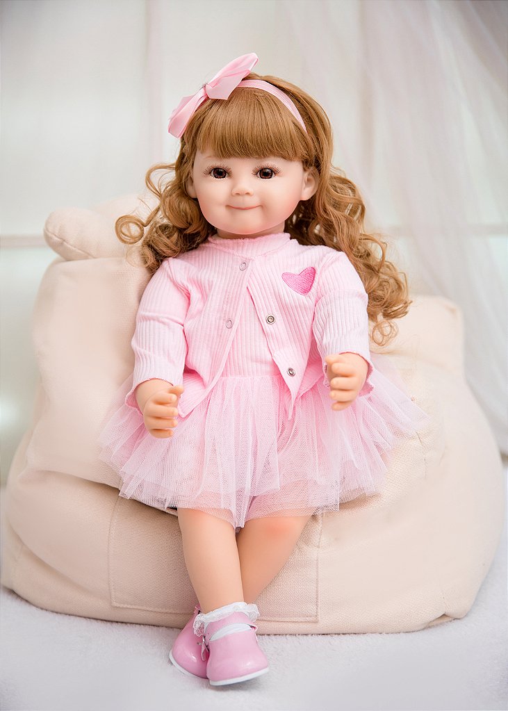 Boneca Bebê Reborn Loira Gatinha Corpo Em Pano Roupa Rosa