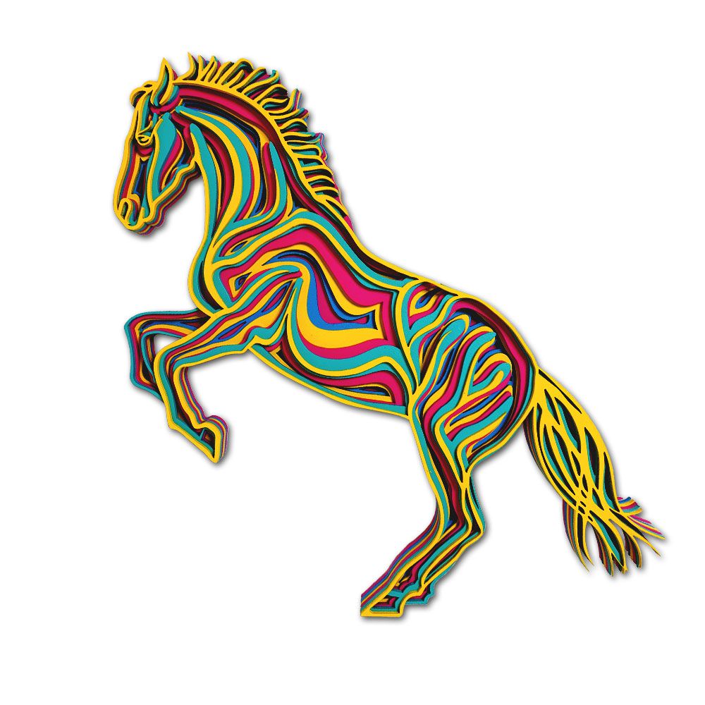 Quadro Decorativo 3D Cavalo Colorido Multicamada Em Madeira - Aimará Decor