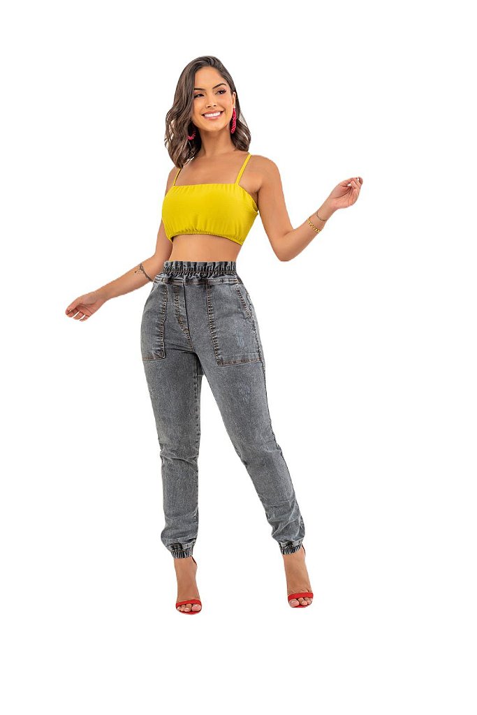 Calças jeans jogger feminina cintura alta lycra premium - R$ 149.98, cor  Azul #96763, compre agora