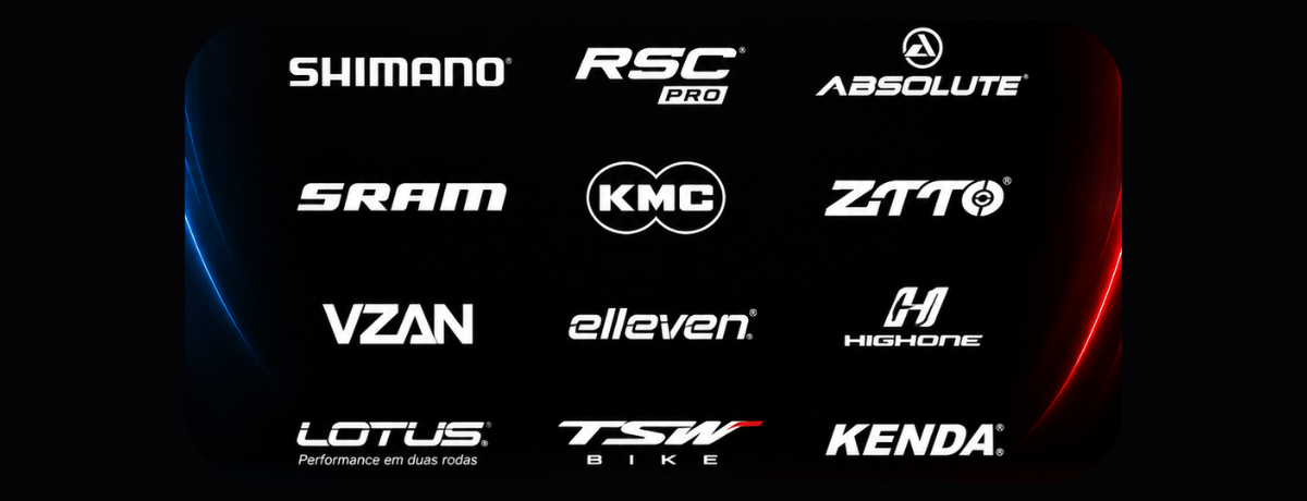 Marcas distribuídas pela Ciclo Castro: Shimano, SRAM, Absolute, RSC Pro, KMC, ZTTO, Vzan, Elleven, Highone, Lotus, TSW e Kenda