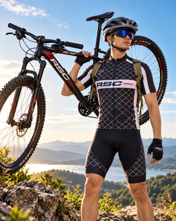 Ciclista com bike, uniforme e acessórios RSC Pro