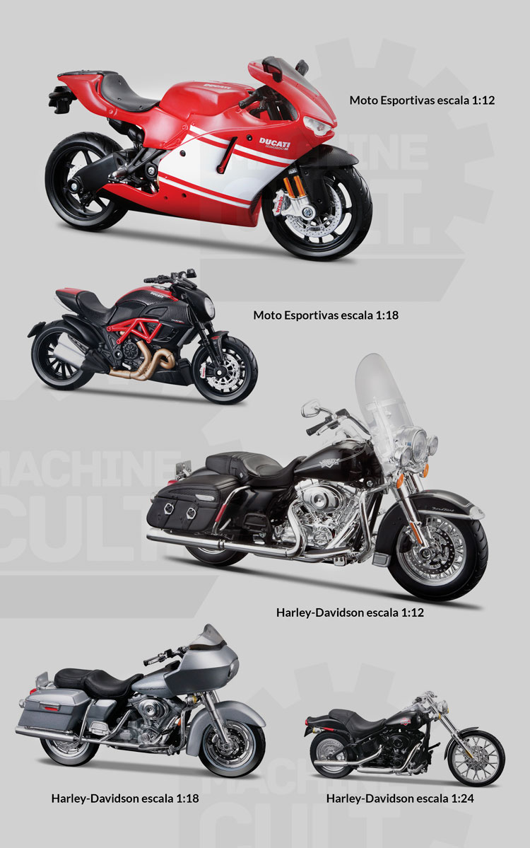 Miniaturas de moto Maisto em escala 1:12, 1:18 e 1:24: Ducati esportivas e Harley-Davidson