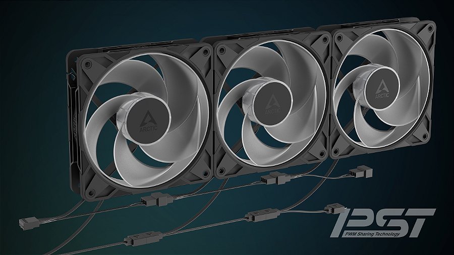 Kit 3x Cooler FAN ARCTIC P12 Pro Reverse A-RGB 120mm Preto, ACFAN00333A — PST: cabeamento simples e controle PWM sincronizado