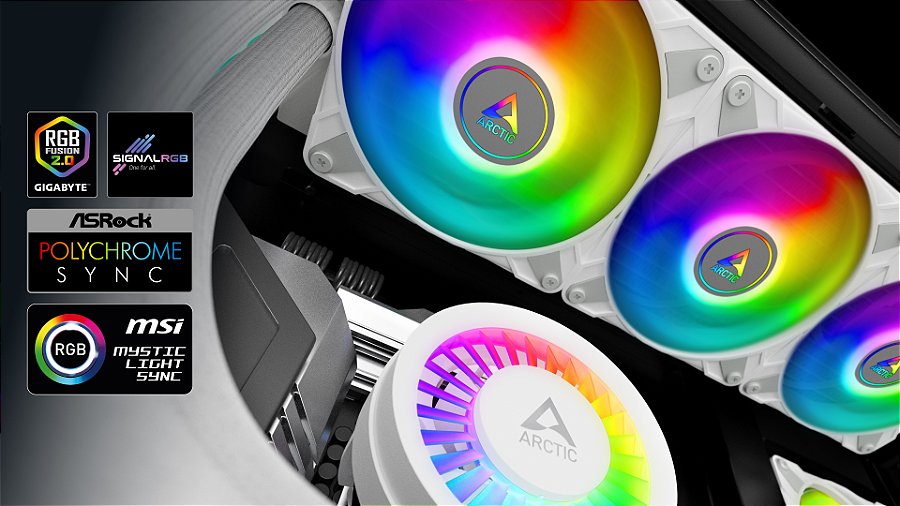 Water Cooler ARCTIC Liquid Freezer III 360mm ARGB Branco Intel/AMD – ACFRE00152A — LEDs endereçáveis, compatíveis com o que você já tem