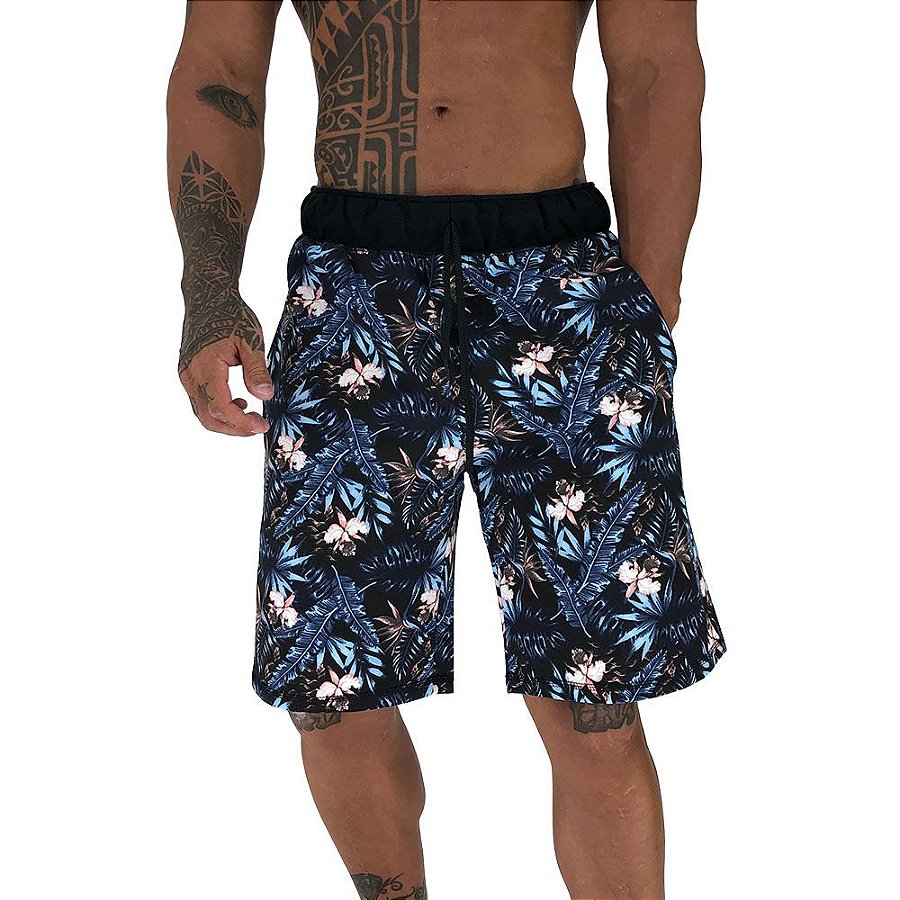 Bermuda Masculina Moletom MXD Conceito Azul Folhas e Flores