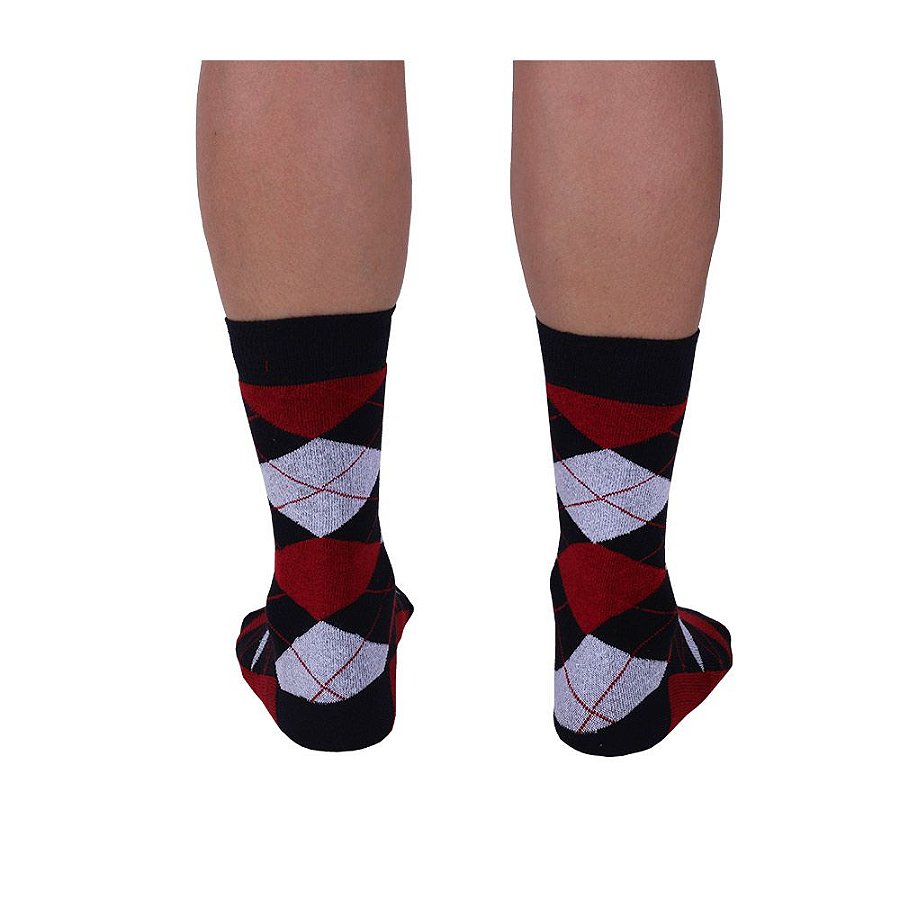 Meia Masculina Cano Alto Casual Fun Losangos Mescla e Preto