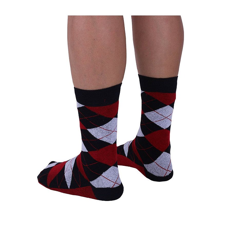 Meia Masculina Cano Alto Casual Fun Losangos Mescla e Preto