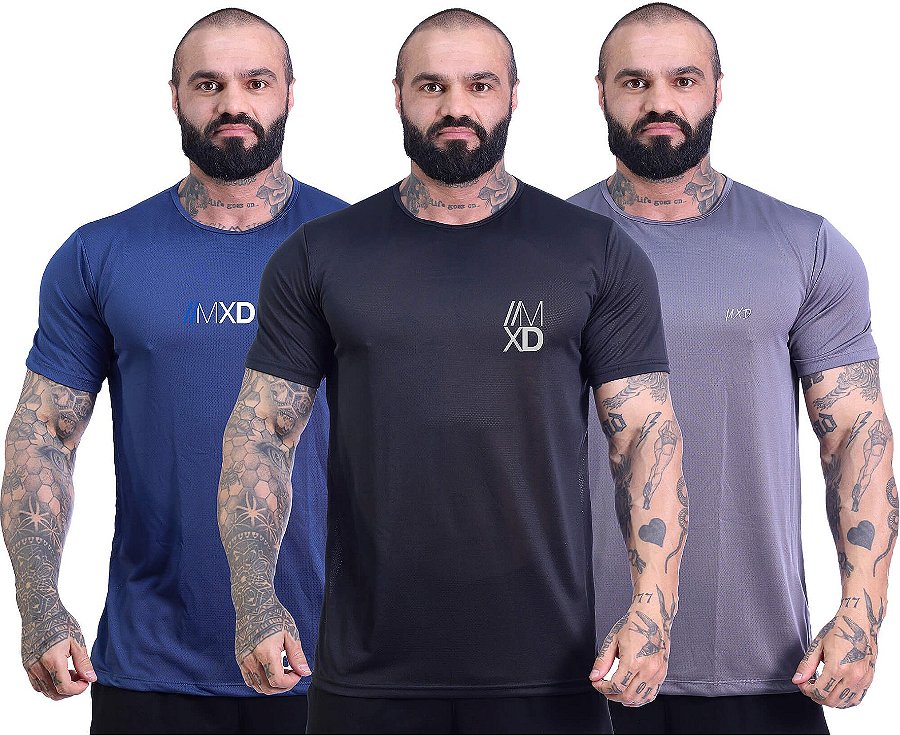 Kit 3 Camiseta Tradicional MXD Conceito Dry Fit 100% Poliéster Estampado Grife Furadinho Marinho Preto Cinza Escuro
