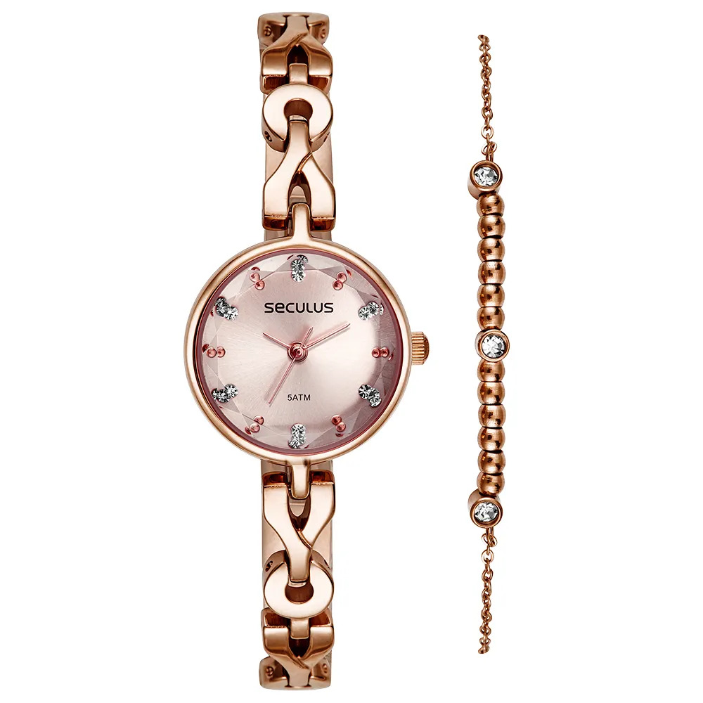 Relógio feminino vintage rosé com pulseira de cristais