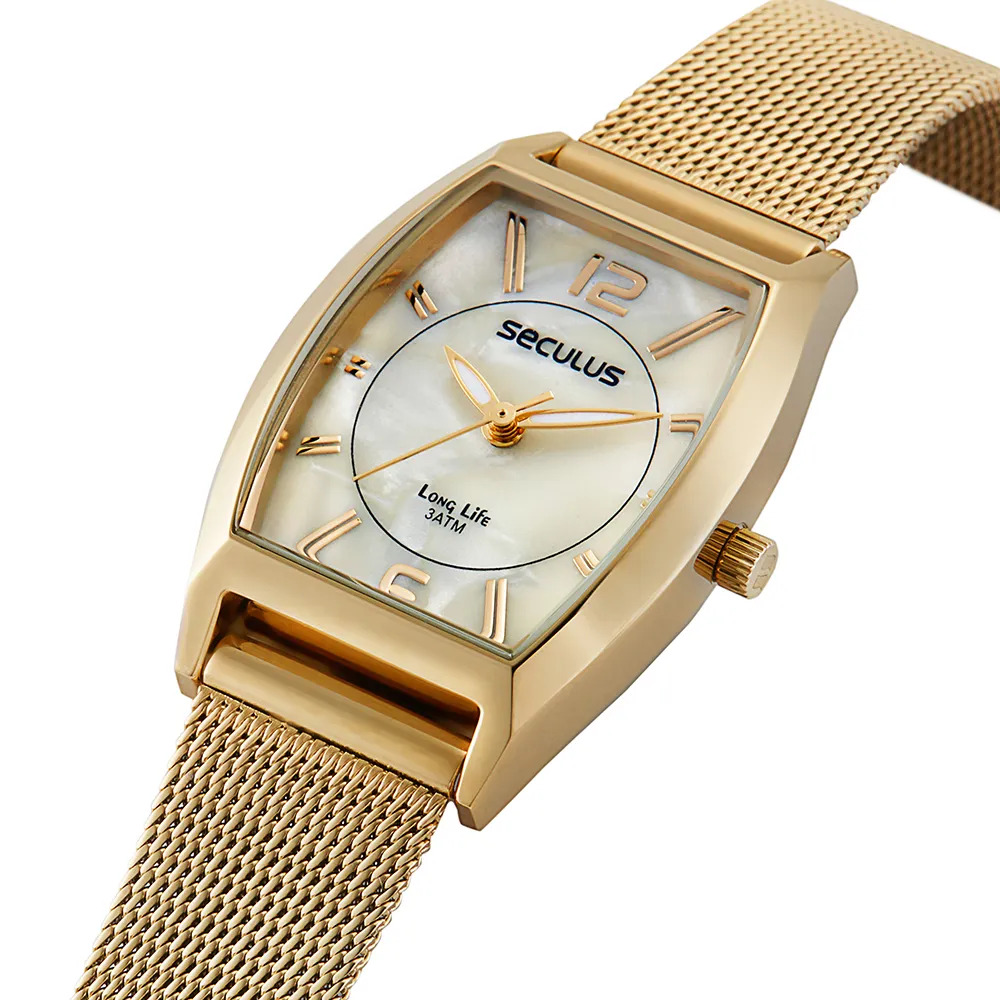 Relógio feminino em aço e madrepérola dourado